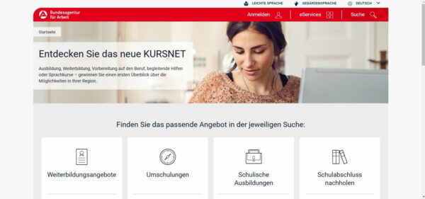 Screenshot der Kursnet Webseite