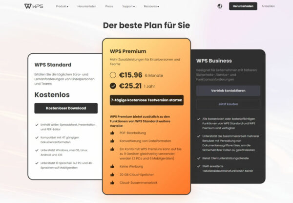 Screenshot der WPS Office Tarife WPS Office Premium Tarife