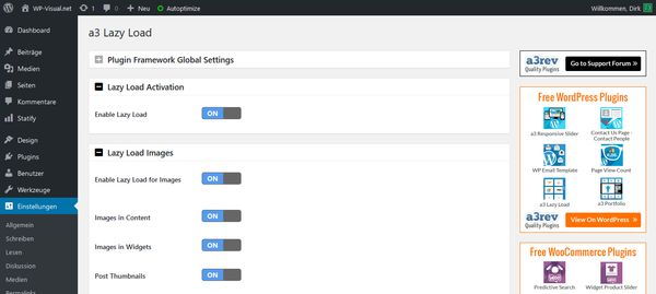 Einstellungen WordPress Plugin a3 Lazy Load WordPress Plugin a3 Lazy Load