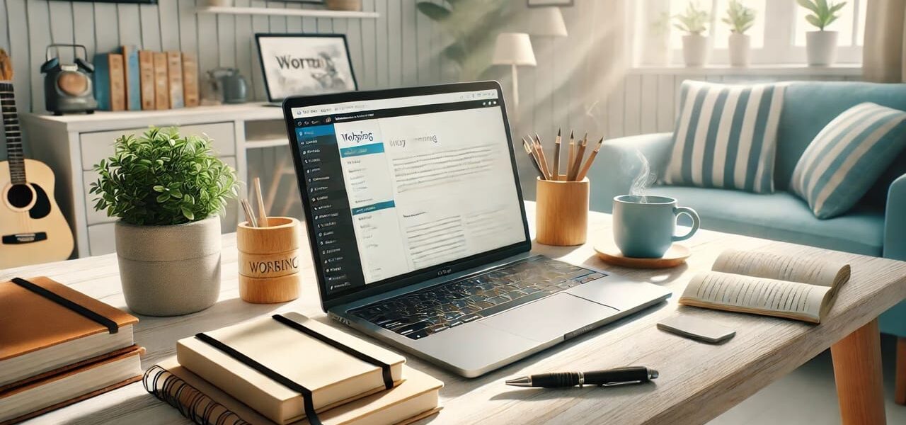 Gemütlicher Arbeitsplatz mit Laptop, der eine Blogging-Plattform zeigt, ideal für Blog erstellen.