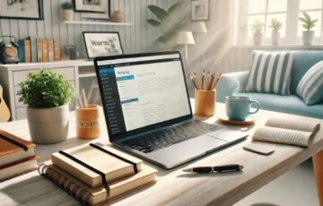 Gemütlicher Arbeitsplatz mit Laptop, der eine Blogging-Plattform zeigt, ideal für Blog erstellen.