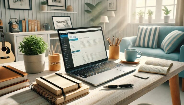 Gemütlicher Arbeitsplatz mit Laptop, der eine Blogging-Plattform zeigt, ideal für Blog erstellen.