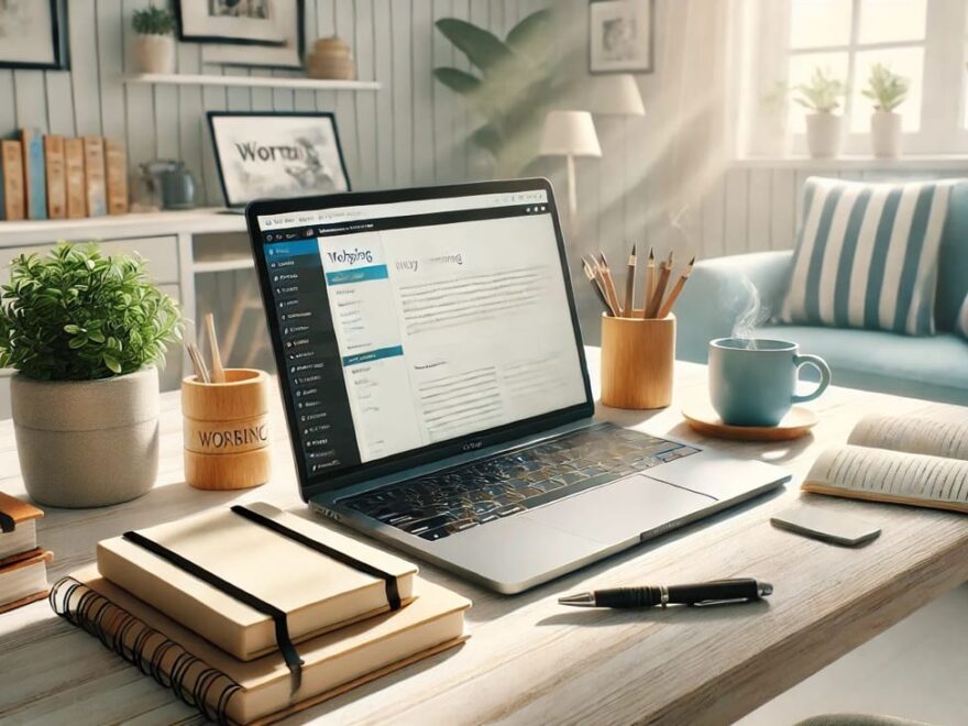 Gemütlicher Arbeitsplatz mit Laptop, der eine Blogging-Plattform zeigt, ideal für Blog erstellen.