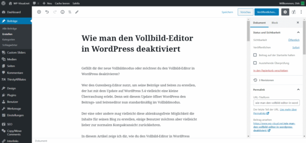 Beitrag erstellen im Gutenberg Editor ohne Vollbild