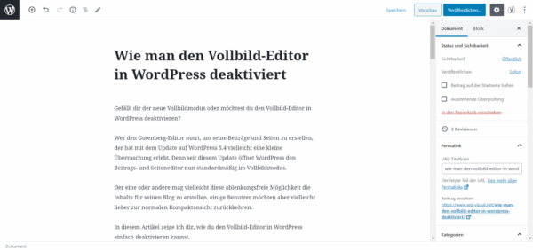 Block Editor Gutenberg im Vollbild-Modus