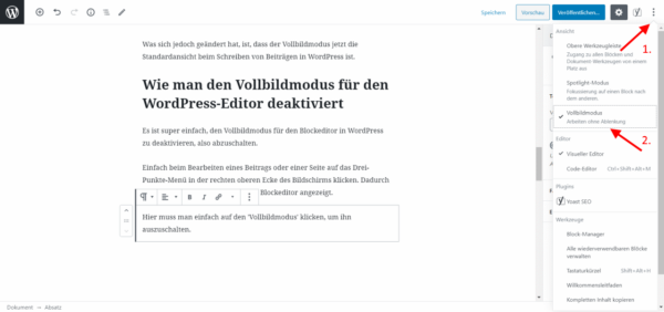 Vollbild-Editor in WordPress deaktivieren