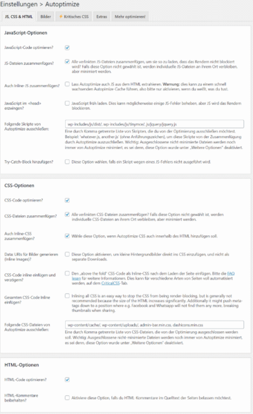 optimale Einstellungen Autoptimize JS, CSS und HTML