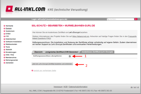 ssl zertifikat einrichten 3 Let’s Encrypt-SSL-Zertifikat Haftungsausschluss akzeptieren