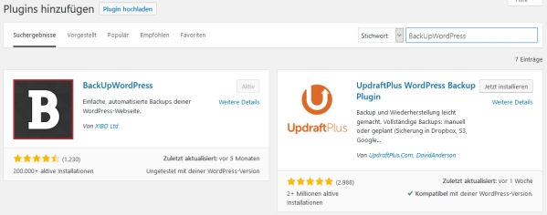 Plugin BackUpWordPress installieren bei WordPress BackUpWordPress installieren