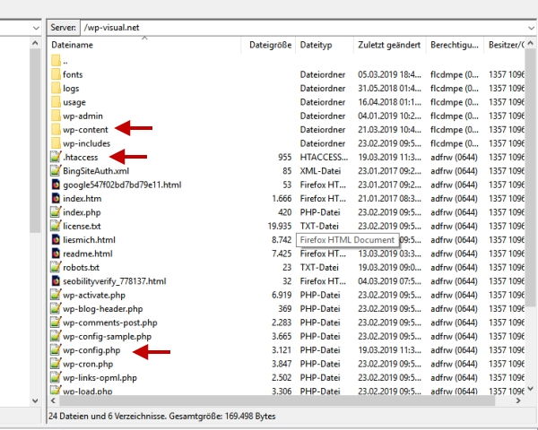 Diese Dateien und Ordner sollte man beim WordPress Backup sichern Blick per FTP auf die zu sichernden Dateien