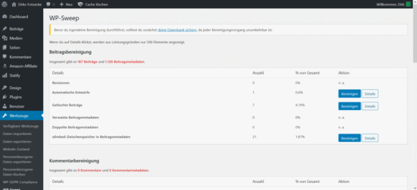 wordpress datenbank optimieren wp sweep 02 WP-Sweep vor der Bereinigung