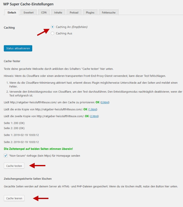 WP Super Cache Einstellungen - Einfach