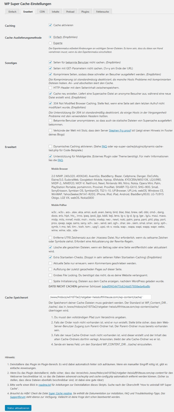 WP Super Cache Einstellungen - Erweitert Screenshot 1