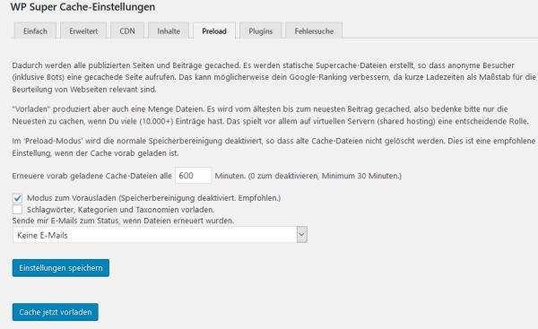 WP Super Cache Einstellungen - Preload