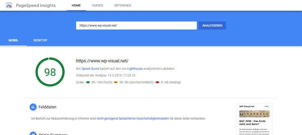 Pagespeed Mobil ohne Cache Plugin