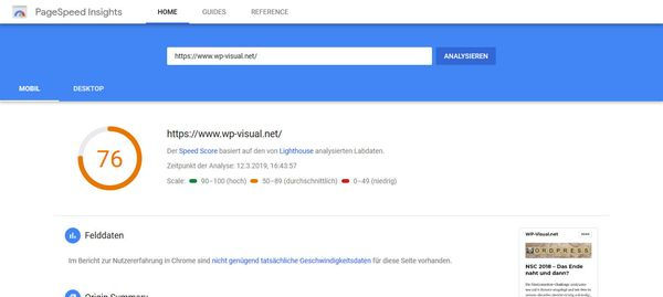 Pagespeed Mobil mit WP Fastest Cache
