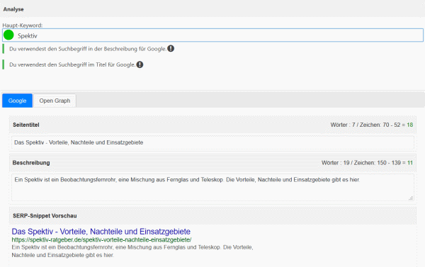 wpSEO Analyse und manuelle Eingabe