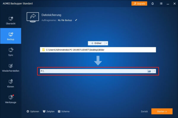 Zielordner für Datensicherung auswählen