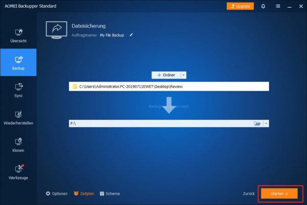 Datensicherung mit AOMEI Backupper Standard starten