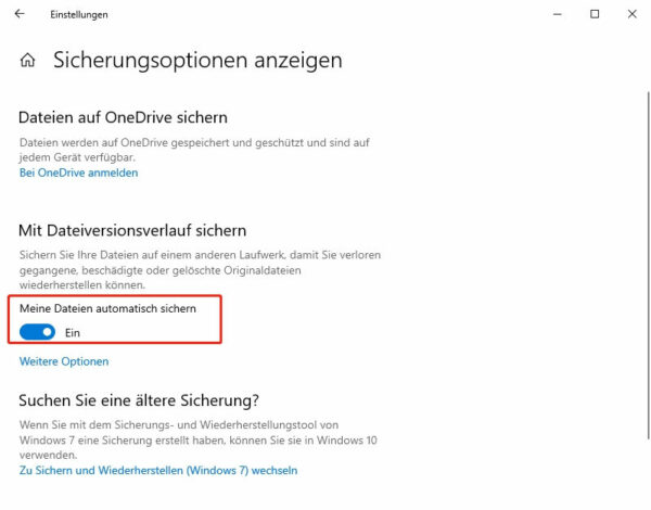 Datensicherung mit Dateiverlauf Schritt 5