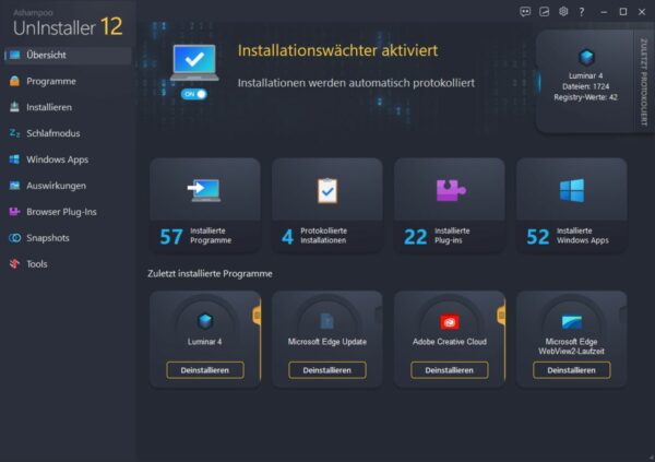 Ashampoo UnInstaller 12 Bild 1 Dashboard des Ashampoo UnInstaller 12