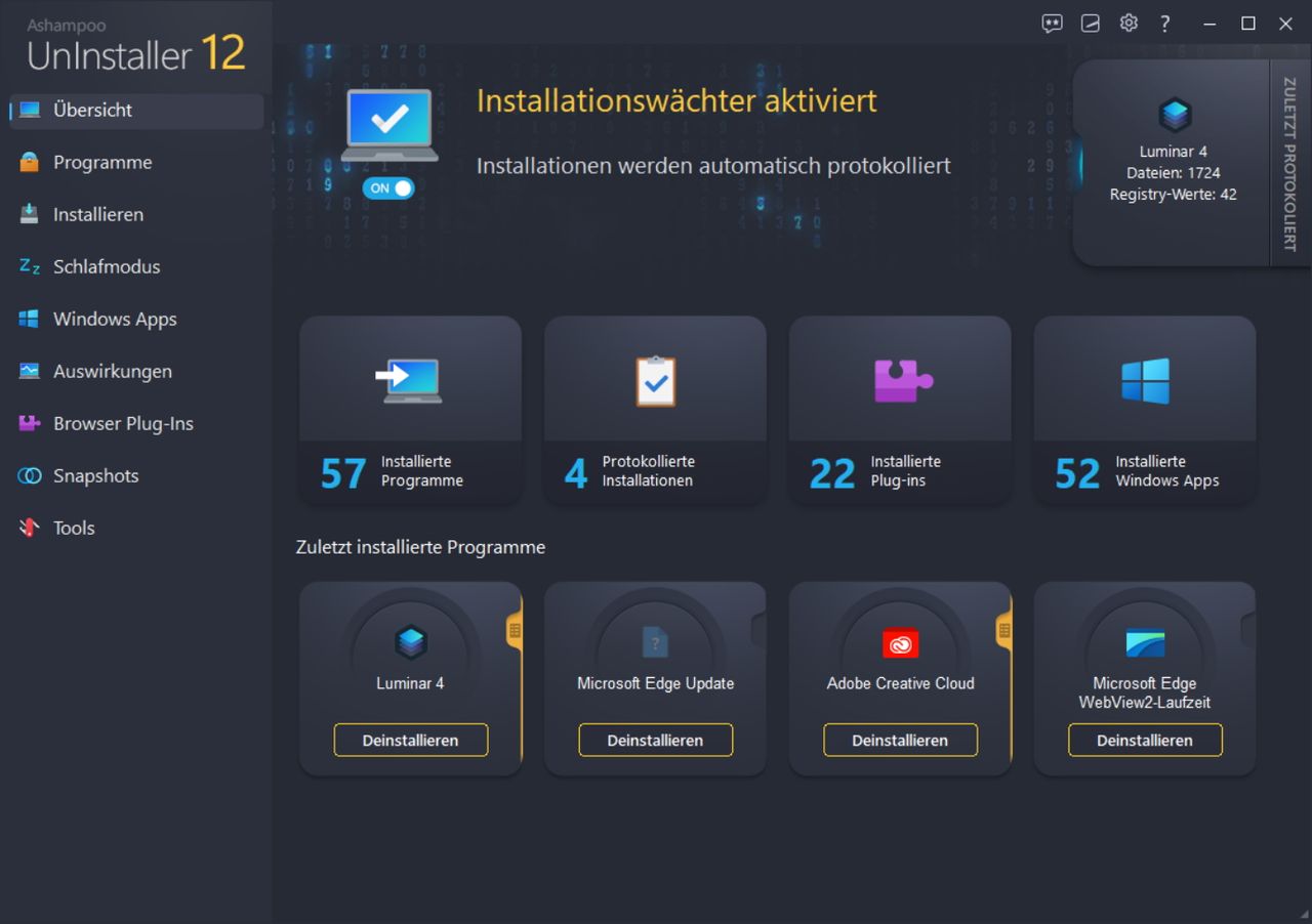 Dashboard des Ashampoo UnInstaller 12