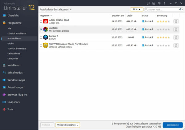 Ashampoo UnInstaller 12 Bild 3 protokollierte Softwareinstallationen im Ashampoo UnInstaller 12