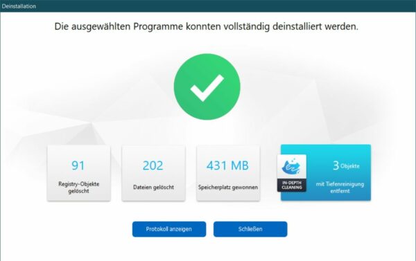 Ashampoo UnInstaller 12 Bild 7 Zusammenfassung nach Abschluss der Deinstallation