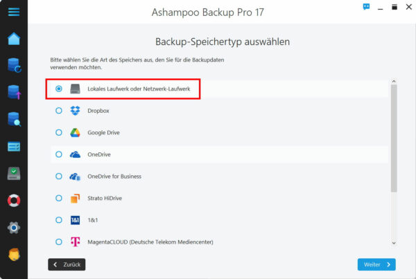 Speicherort für das Backup festlegen Backup-Speichertyp auswählen