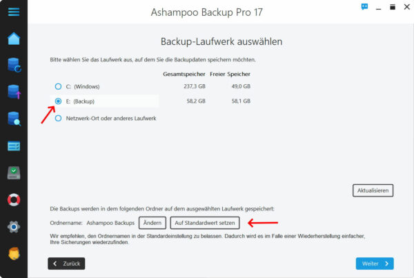 Laufwerk und Ordner für das Backup auswählen Backup-Laufwerk auswählen