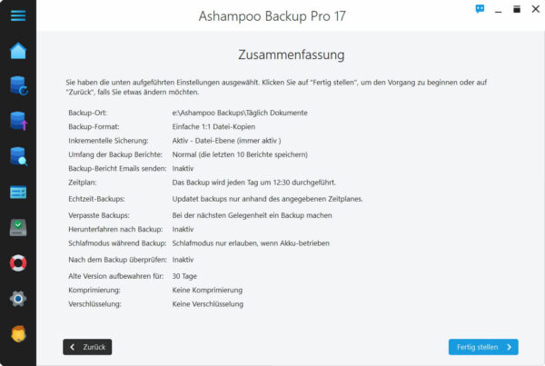 Backup-Einstellungen zusammengefasst Zusammenfassung der Backup-Einstellungen