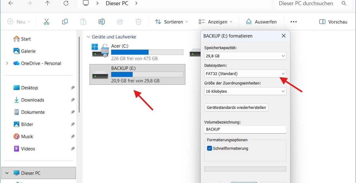 USB-Stick mit FAT32 formatieren im Windows Datei-Explorer