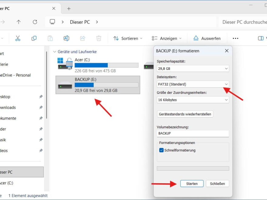 USB-Stick mit FAT32 formatieren im Windows Datei-Explorer