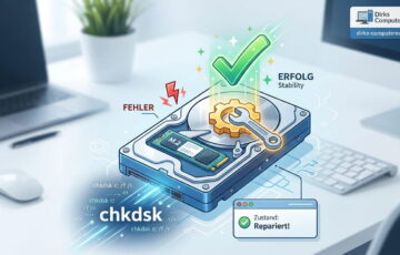 Eine stilisierte Illustration, die zeigt, wie chkdsk eine Festplatte repariert. Eine stilisierte HDD/SSD wird durch ein Zahnrad- und Schraubenschlüsselsymbol erfolgreich wiederhergestellt, was einen grünen Haken und den Status „ERFOLG Stability“ erzeugt. Ein Befehlsfenster zeigt „chkdsk c: /f /r“. Ein Popup bestätigt „Zustand: Repariert!“. Beitragsbild für einen Artikel auf Dirks Computerecke.