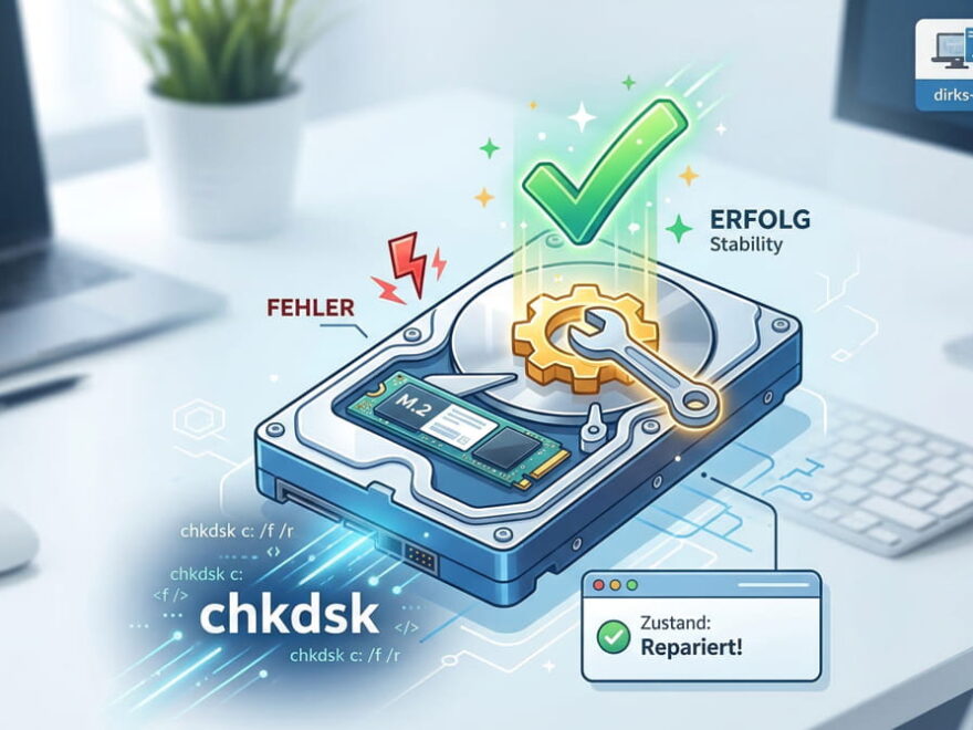 Eine stilisierte Illustration, die zeigt, wie chkdsk eine Festplatte repariert. Eine stilisierte HDD/SSD wird durch ein Zahnrad- und Schraubenschlüsselsymbol erfolgreich wiederhergestellt, was einen grünen Haken und den Status „ERFOLG Stability“ erzeugt. Ein Befehlsfenster zeigt „chkdsk c: /f /r“. Ein Popup bestätigt „Zustand: Repariert!“. Beitragsbild für einen Artikel auf Dirks Computerecke.