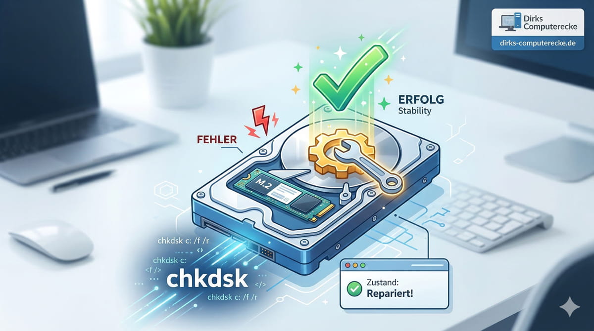 Eine stilisierte Illustration, die zeigt, wie chkdsk eine Festplatte repariert. Eine stilisierte HDD/SSD wird durch ein Zahnrad- und Schraubenschlüsselsymbol erfolgreich wiederhergestellt, was einen grünen Haken und den Status „ERFOLG Stability“ erzeugt. Ein Befehlsfenster zeigt „chkdsk c: /f /r“. Ein Popup bestätigt „Zustand: Repariert!“. Beitragsbild für einen Artikel auf Dirks Computerecke.