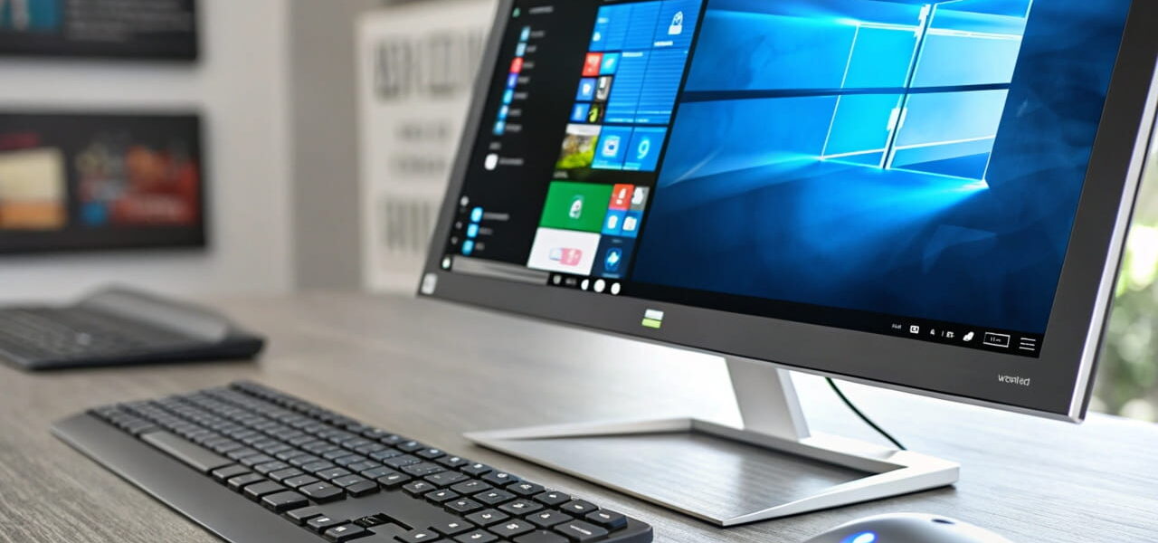 Desktop-Ansicht mit Windows-Oberfläche und Befehl zum Windows Key auslesen, moderner Arbeitsplatz im Hintergrund.