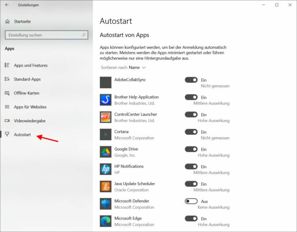 Autostart von Apps einstellen