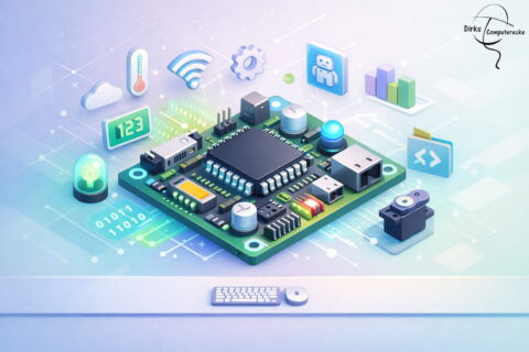 3D Illustration eines Mikrocontrollers mit Sensor- und Elektronik-Symbolen zur Erklärung der Mikrocontroller Grundlagen