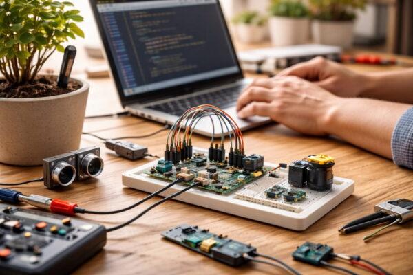 Mikrocontroller Projekt mit Sensoren und Aktoren auf Steckboard zur Erklärung von Hardware Grundlagen