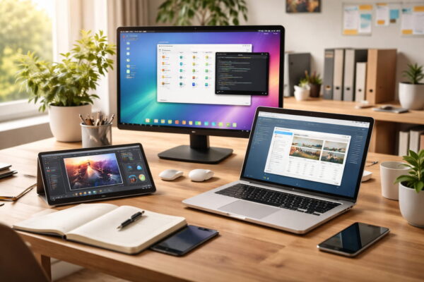 Verschiedene Geräte mit Anwendungen als Beispiele für Open-Source-Software im Alltag
