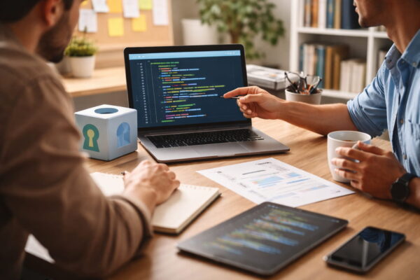 Zwei Entwickler betrachten offenen Quellcode auf Laptop bei Arbeit an Open-Source-Software