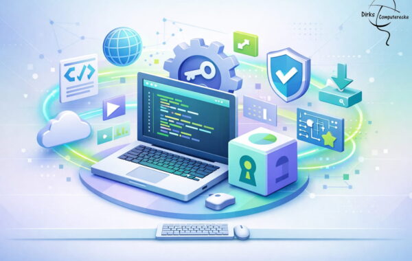 3D Illustration zu Open-Source-Software mit Laptop, Code-Symbolen und digitalen Icons