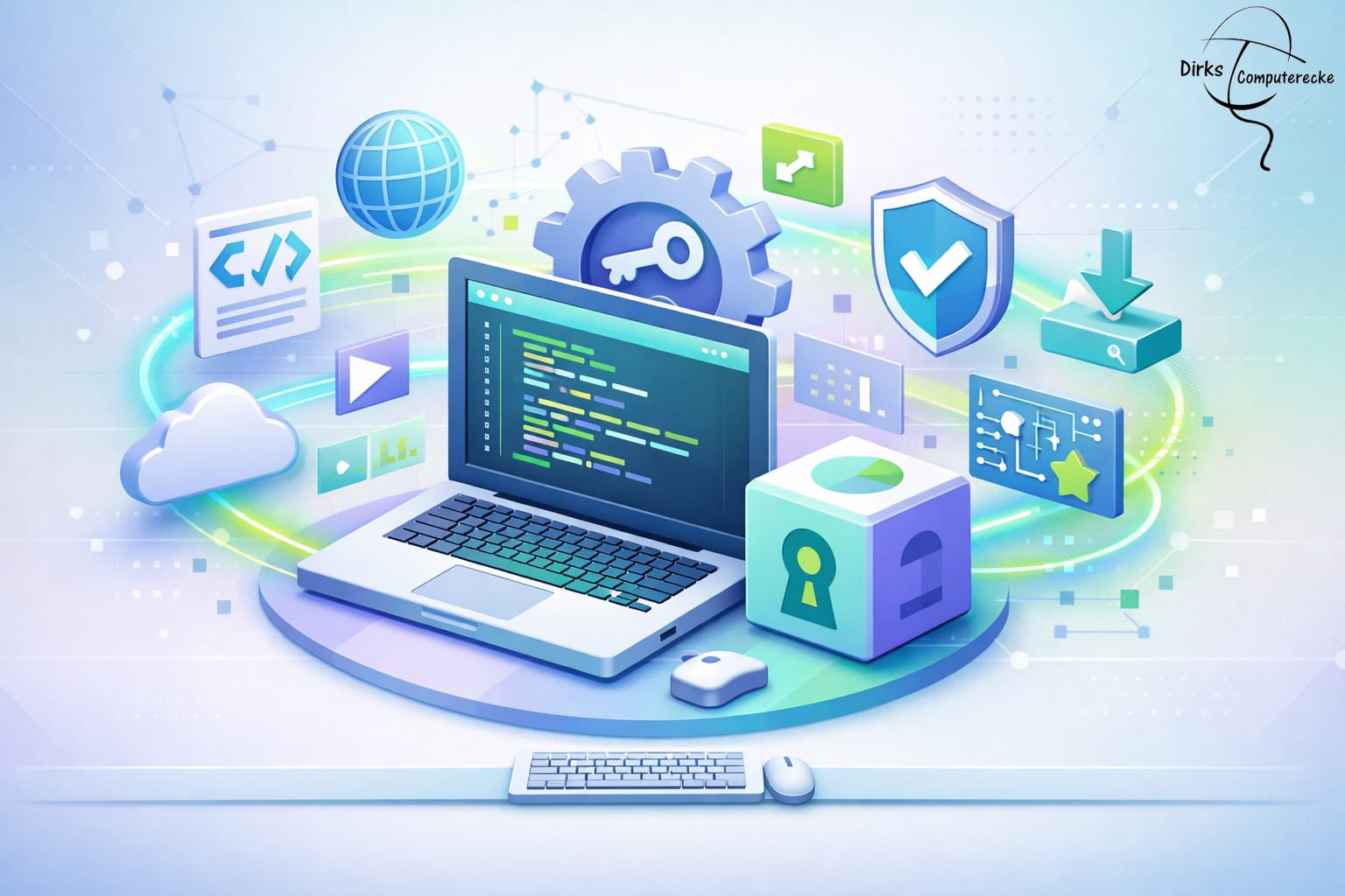 3D Illustration zu Open-Source-Software mit Laptop, Code-Symbolen und digitalen Icons