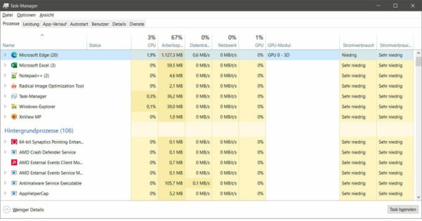 Windows Taskmanager Übersicht Prozesse