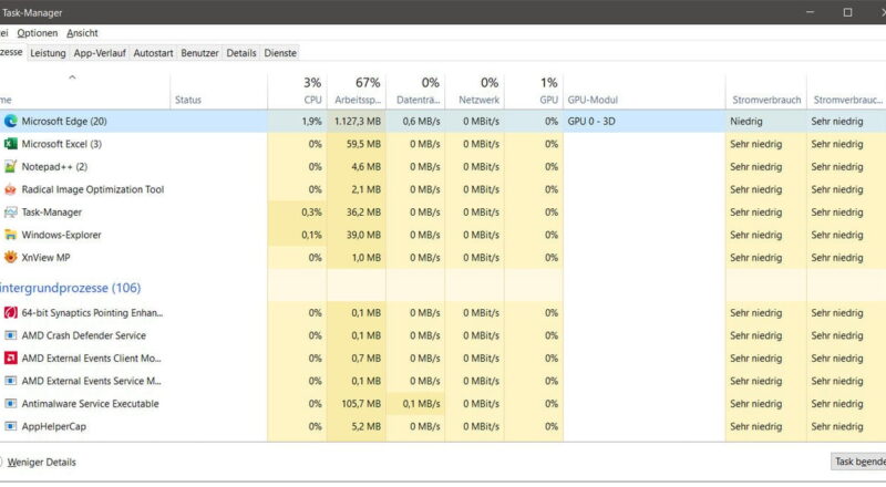 Windows Taskmanager Übersicht Prozesse