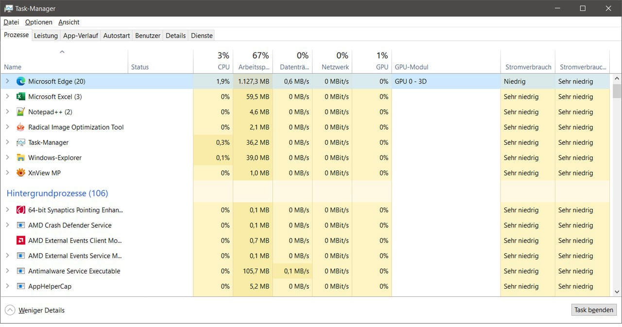 Windows Taskmanager Übersicht Prozesse