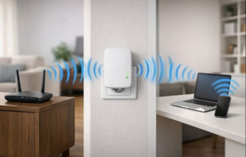 Darstellung der Funktionsweise eines WLAN-Repeaters zwischen Router und Endgeräten