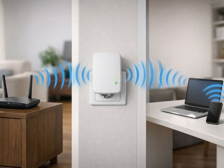 Darstellung der Funktionsweise eines WLAN-Repeaters zwischen Router und Endgeräten