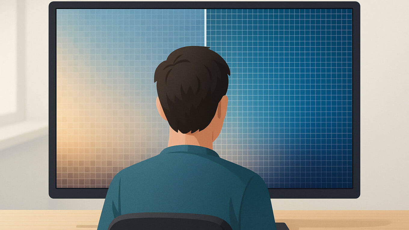 Illustration zeigt den Unterschied zwischen niedriger und hoher Bildschirmauflösung auf einem Monitor